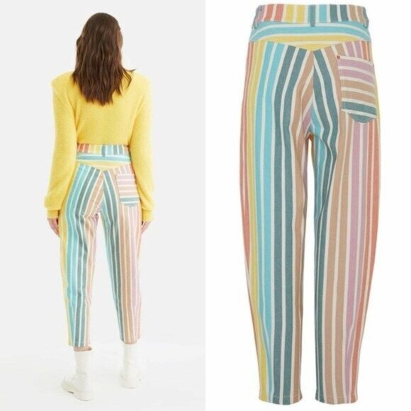 NWT Nocturne Printed Stripe Mom Denim Pants 34 Rainbow Jeans High Waisted - Picture 4 of 12